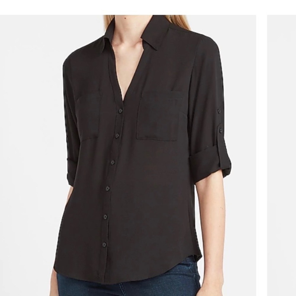 Express Portofino Shirt Women's Large Black Chiffon Office Classic Feminine Top